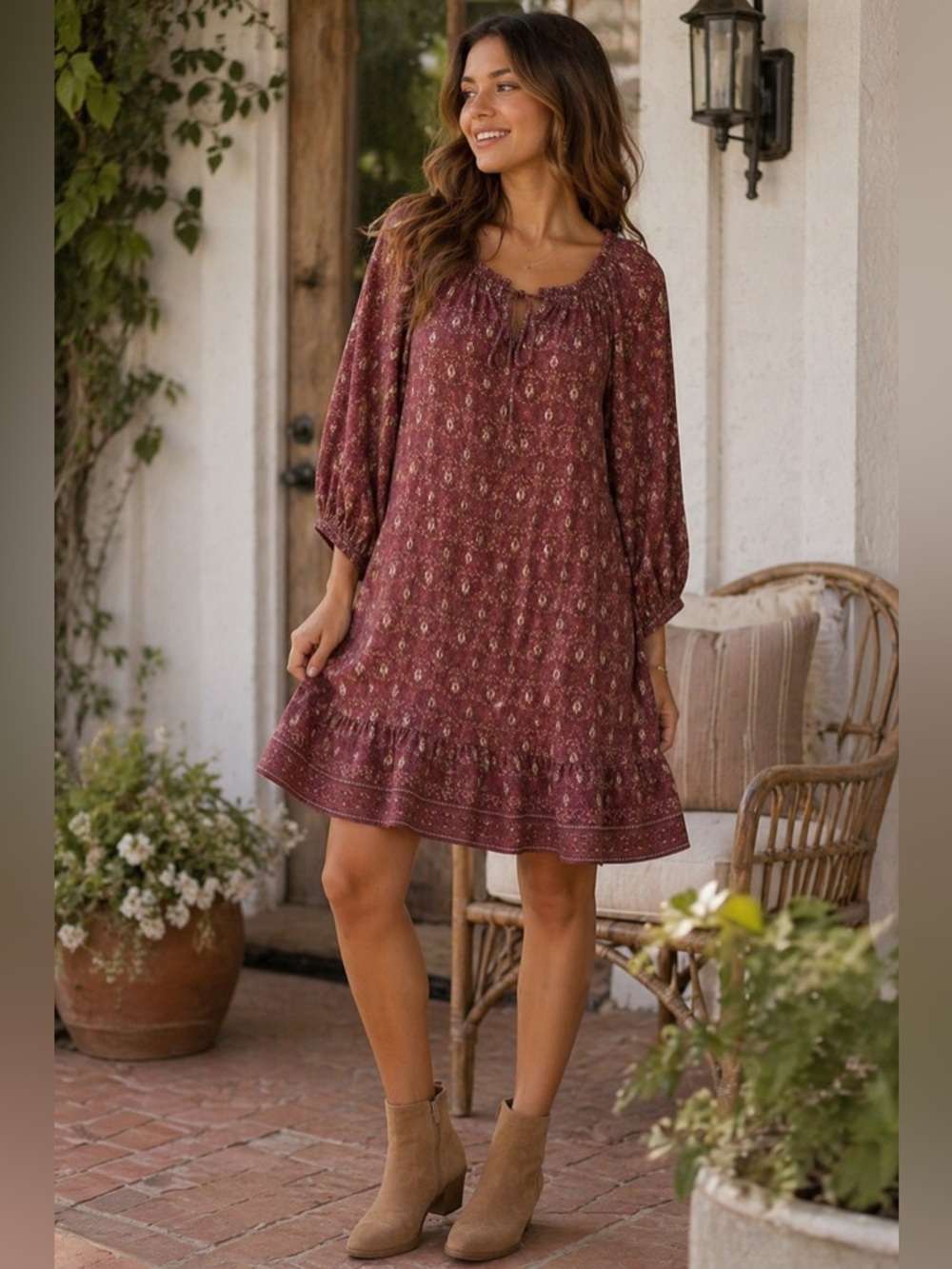 Boho Rust Floral Peasant Dress Flowy Mini Midi Puff Sleeve Fall Dress Max Studio